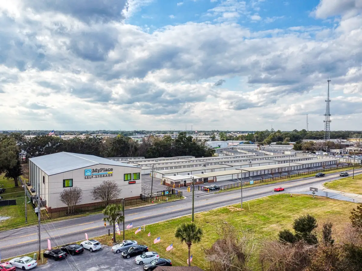 Aerial view of MyPlace Self-Storage buildings at 6155 N Palafox Street in Pensacola, FL.
