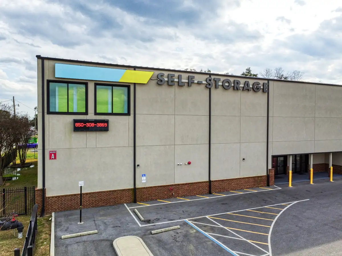 Rental office building and entrance drive at MyPlace Self-Storage on N Palafox Street in Pensacola.