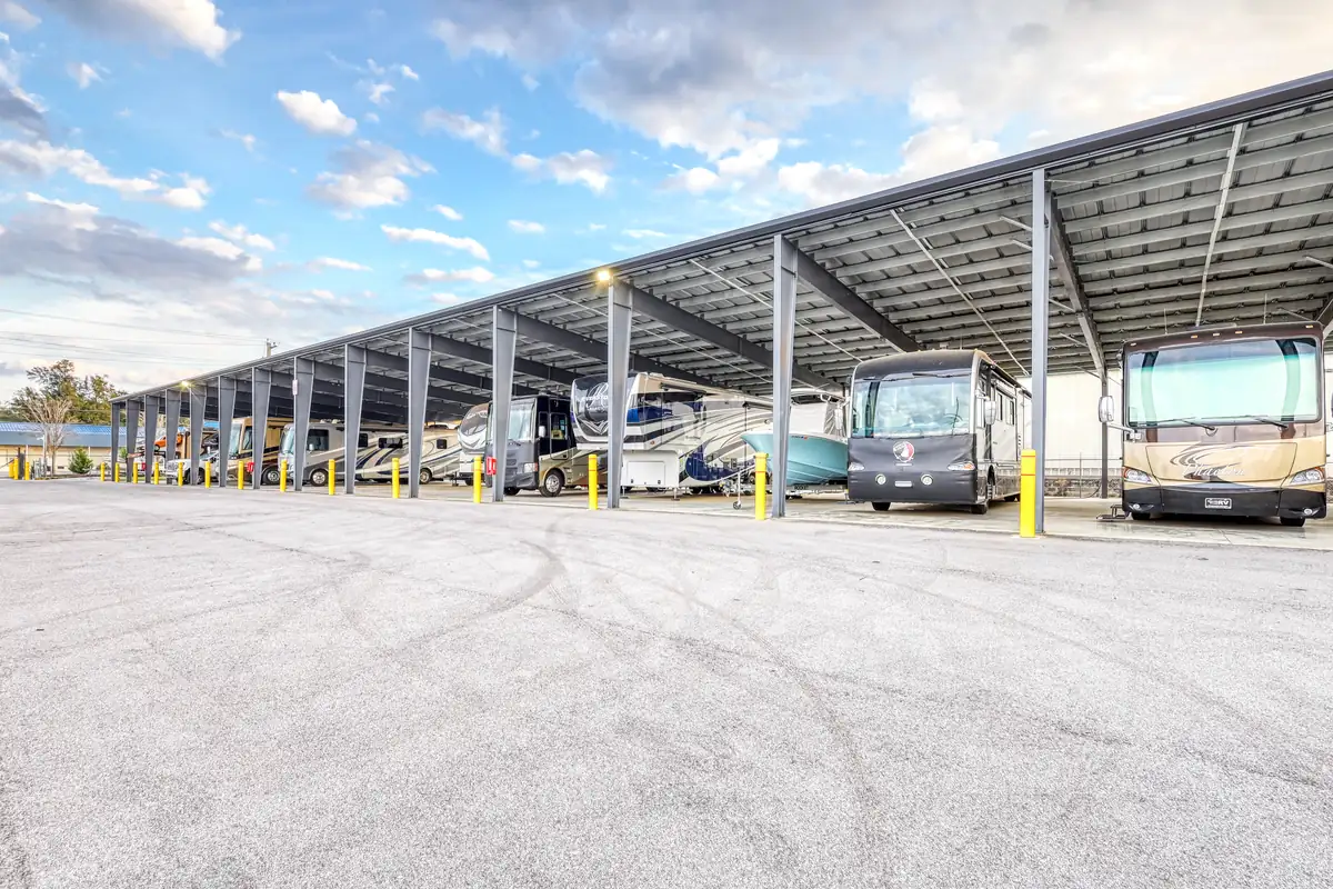 Covered parking spaces for RVs and boats at MyPlace Self-Storage in Pensacola, Florida.