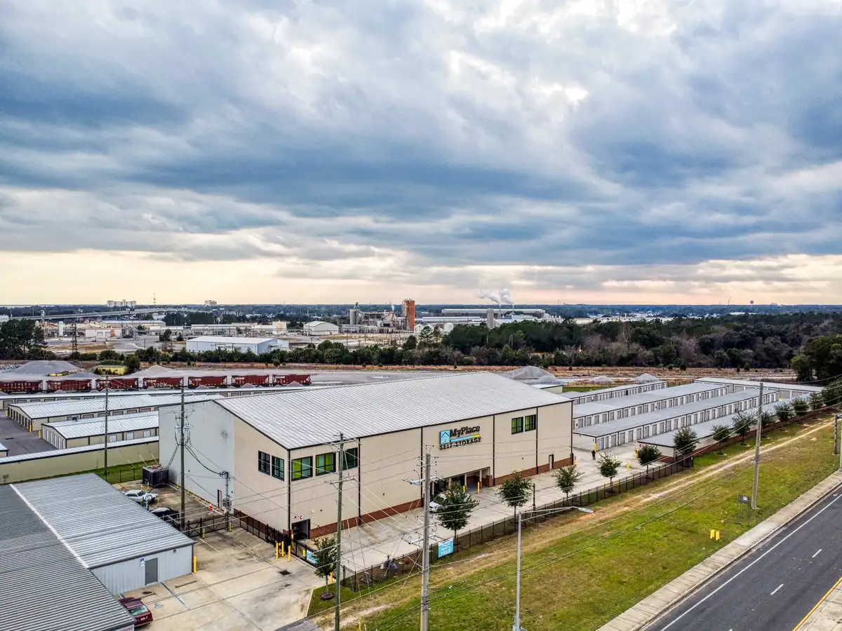 Aerial view of MyPlace Self-Storage buildings and drive aisles on W Navy Blvd in Pensacola.