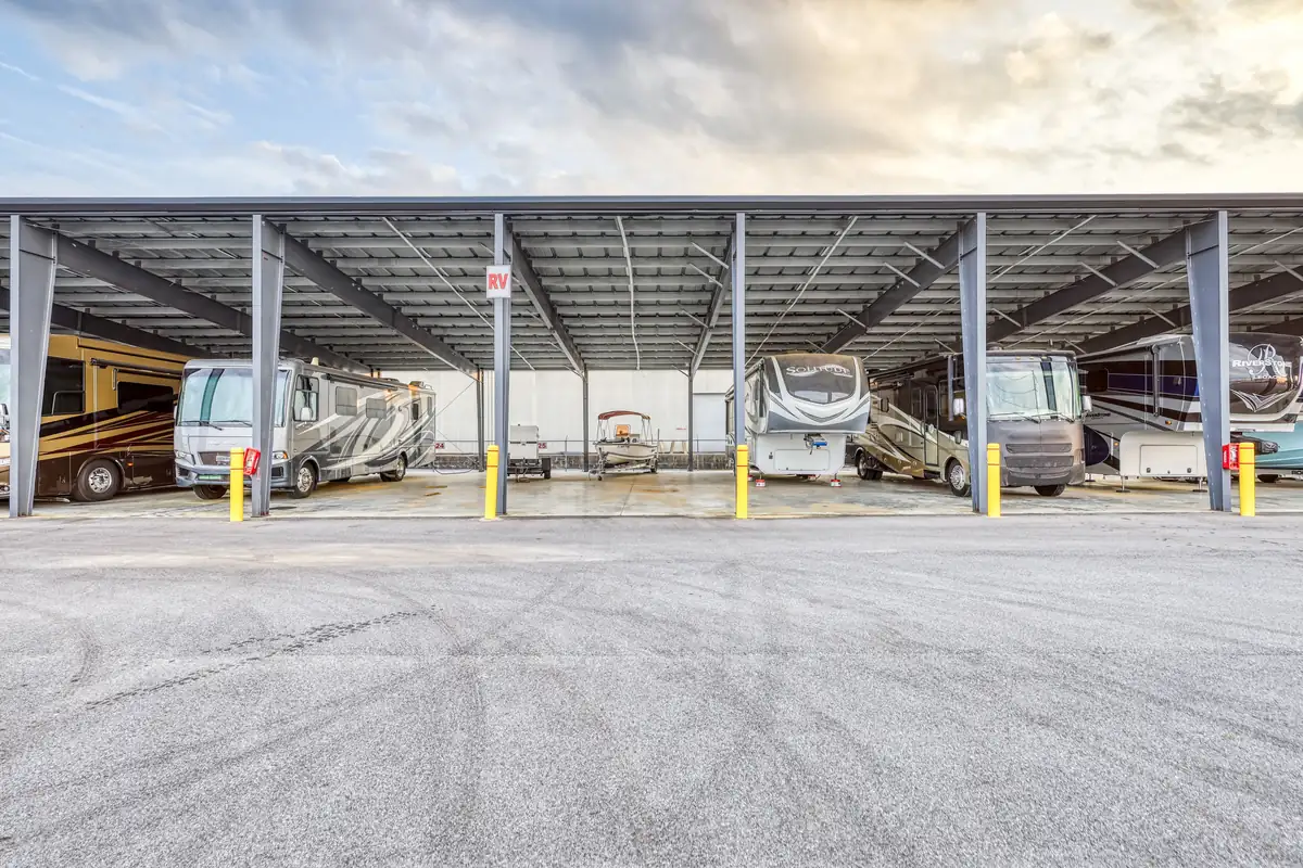 Covered parking spaces for RVs and boats at MyPlace Self-Storage in Pensacola, Florida.