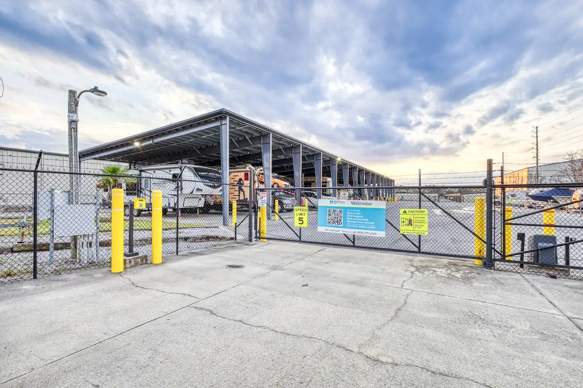 Covered parking spaces for RVs and boats at MyPlace Self-Storage in Pensacola, Florida.
