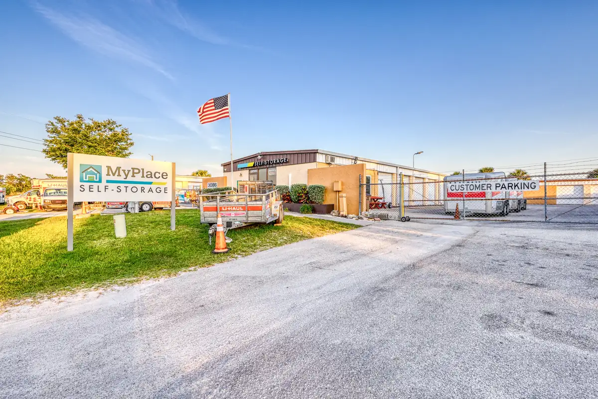 Entrance drive and rental office building at MyPlace Self-Storage on Cooper Street in Punta Gorda.