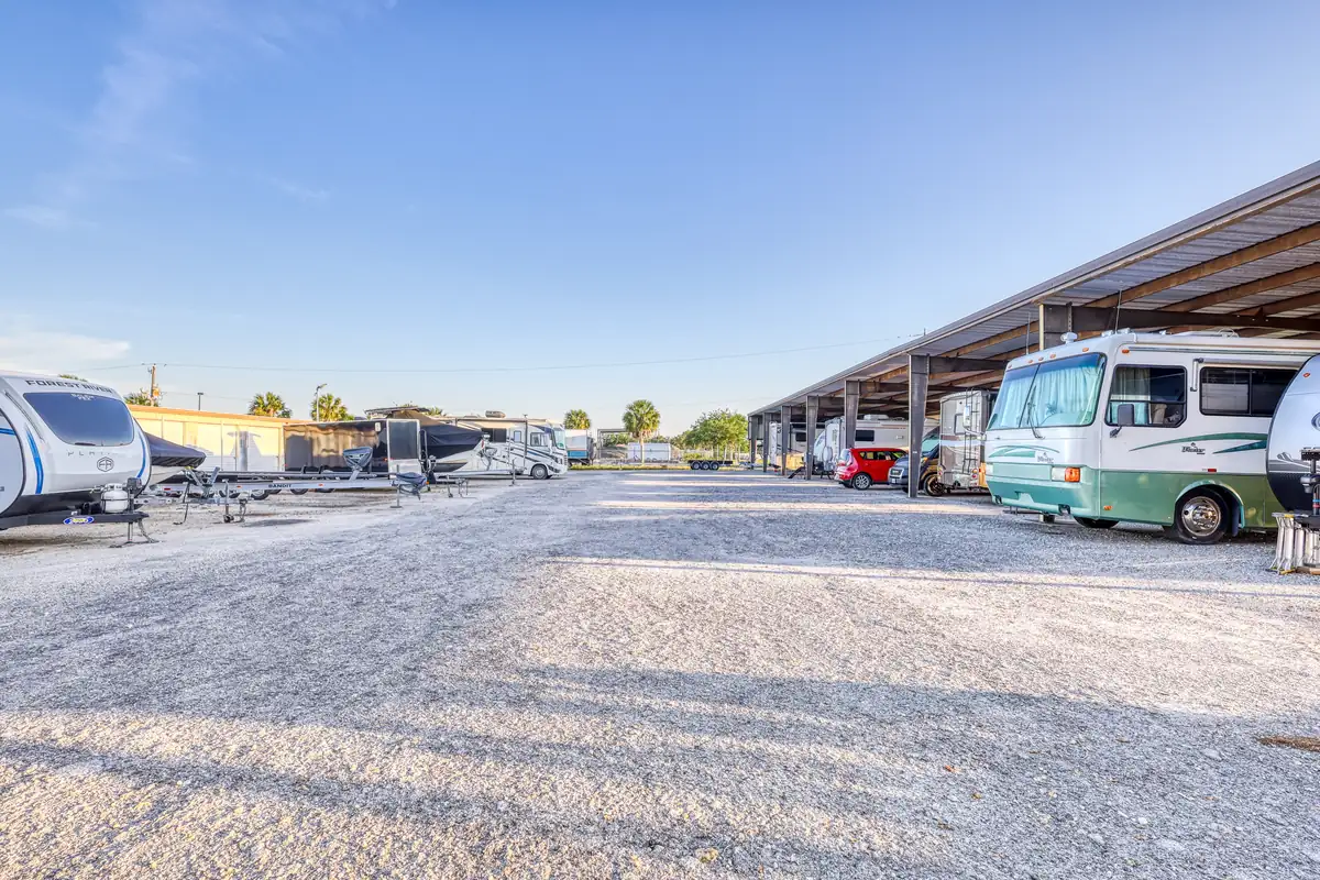 Covered RV and boat storage canopies at MyPlace Self-Storage on Cooper Street in Punta Gorda.