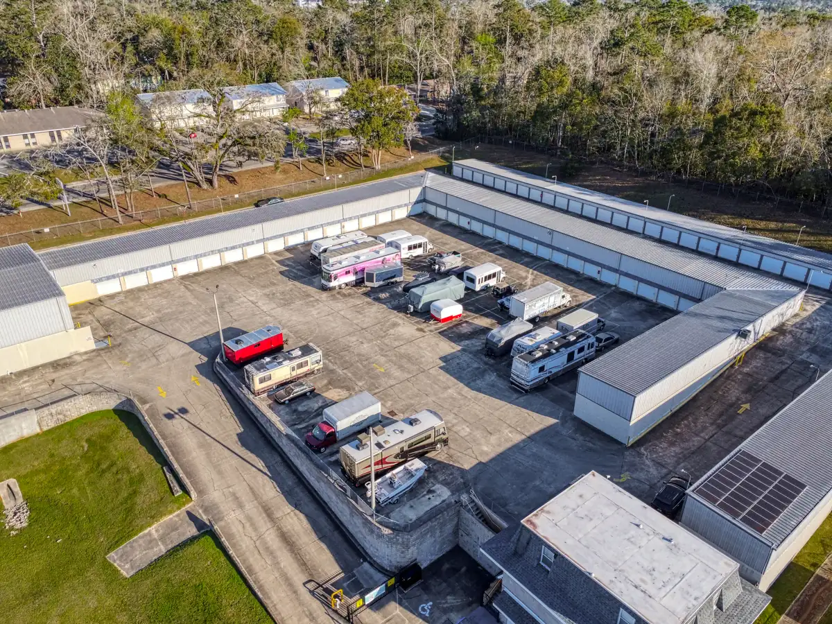 Aerial view of MyPlace Self-Storage buildings and parking on S Monroe Street in Tallahassee.