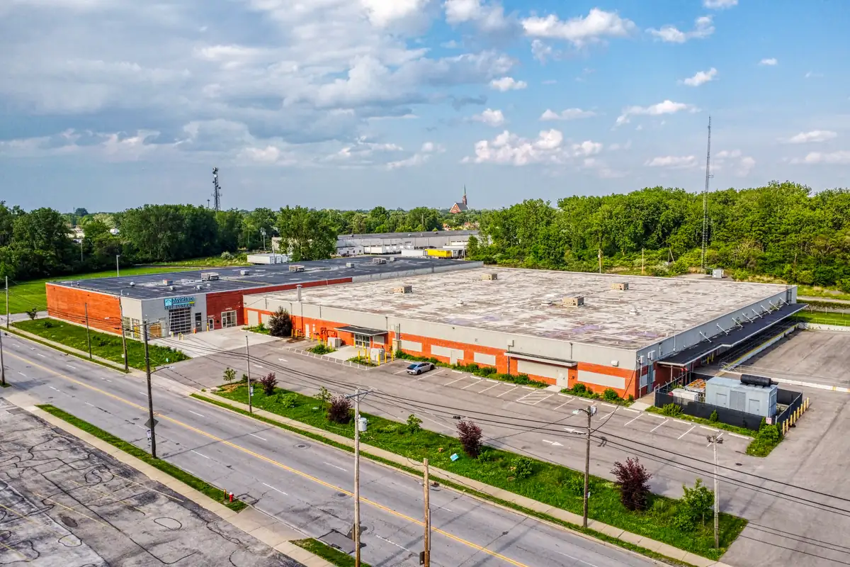 Aerial view of MyPlace Self-Storage building and lot at 60 N Fearing Blvd in Toledo, OH.