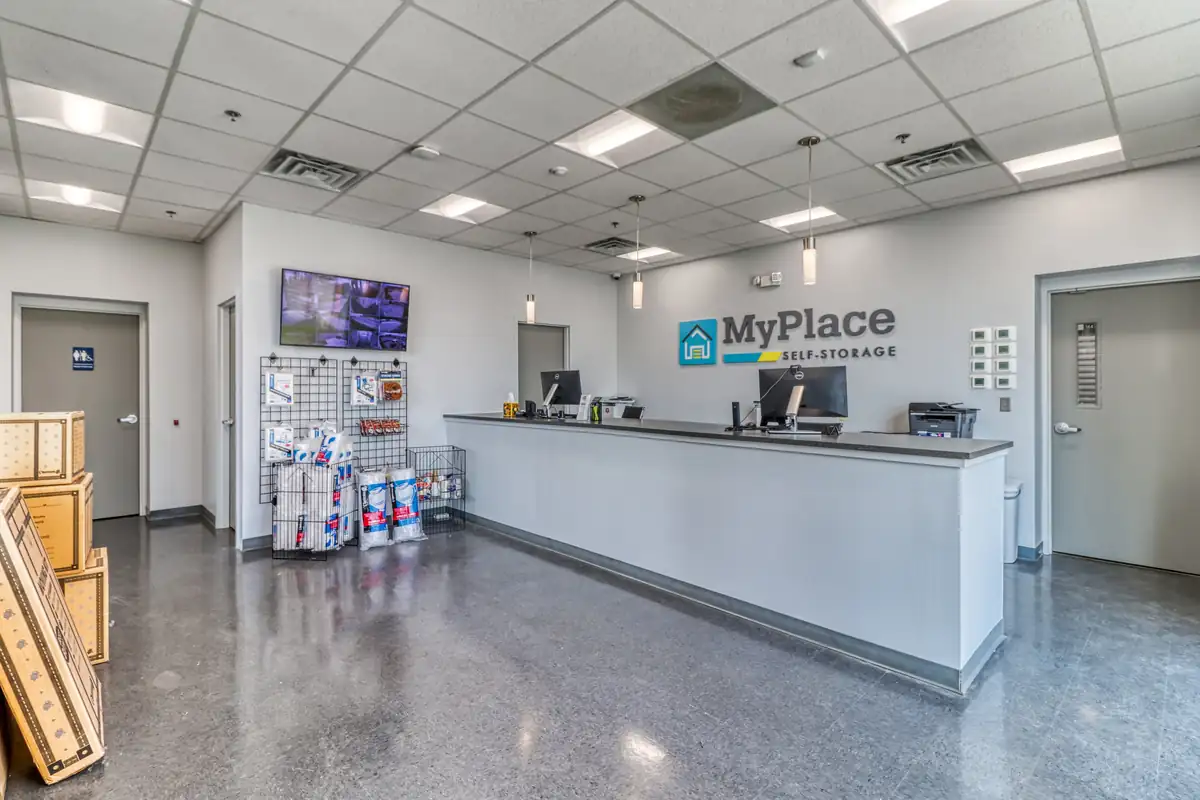 Rental office front counter and packing supplies at MyPlace Self-Storage in Toledo, Ohio.