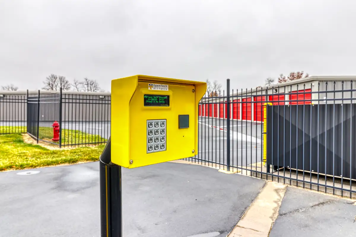Gate keypad and fenced entrance at MyPlace Self-Storage on Cumberland Avenue in West Lafayette.