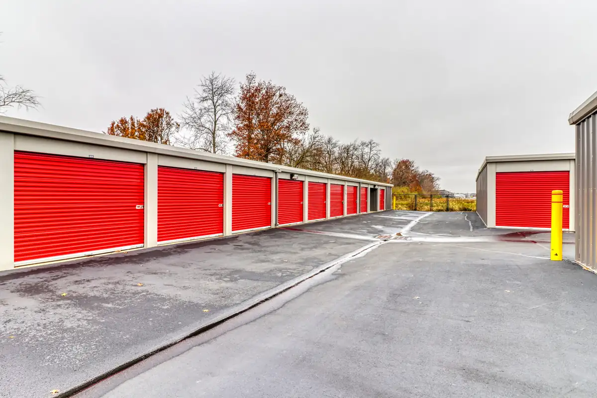 Drive aisle between rows of drive-up storage units at MyPlace Self-Storage West Lafayette.