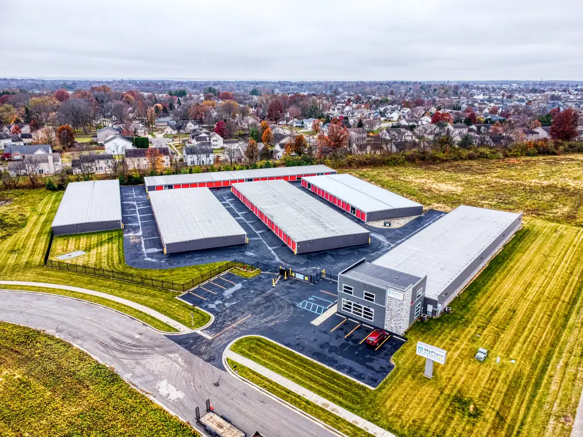 Aerial view of MyPlace Self-Storage buildings and drive aisles on Cumberland Avenue in West Lafayette.