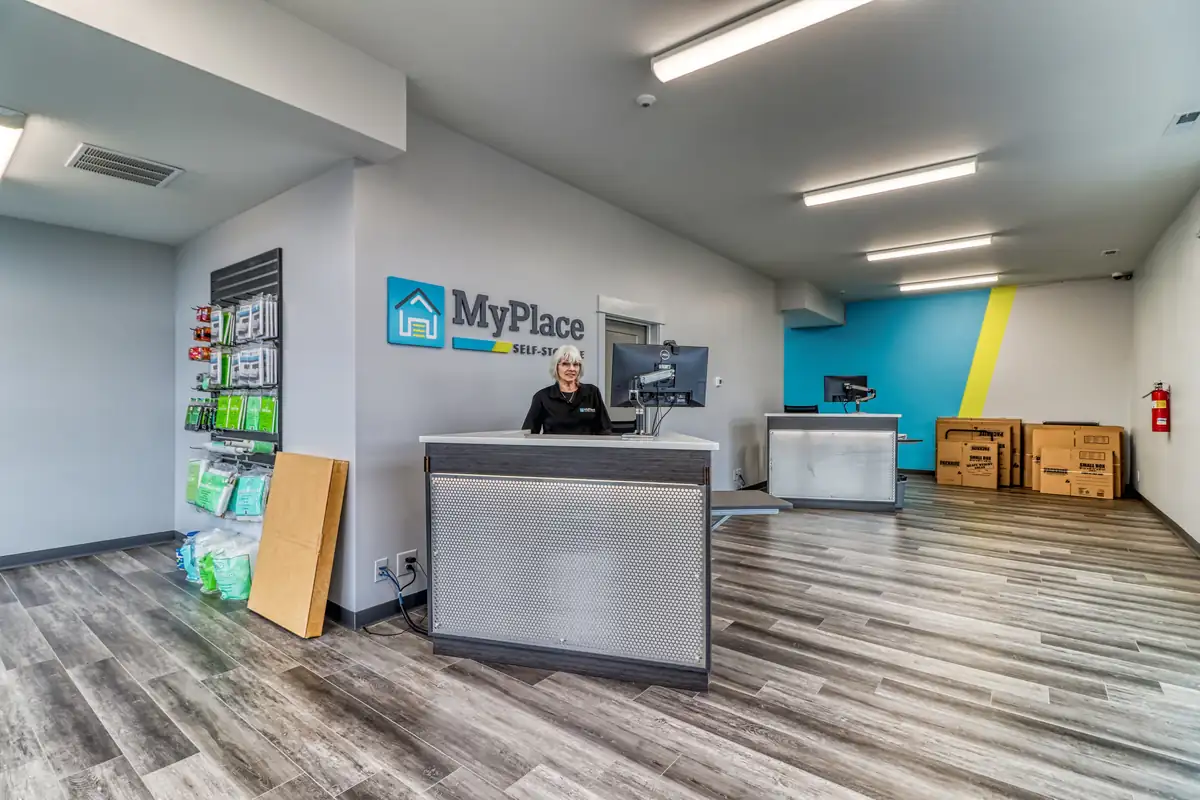Rental office front counter at MyPlace Self-Storage in West Lafayette, Indiana.